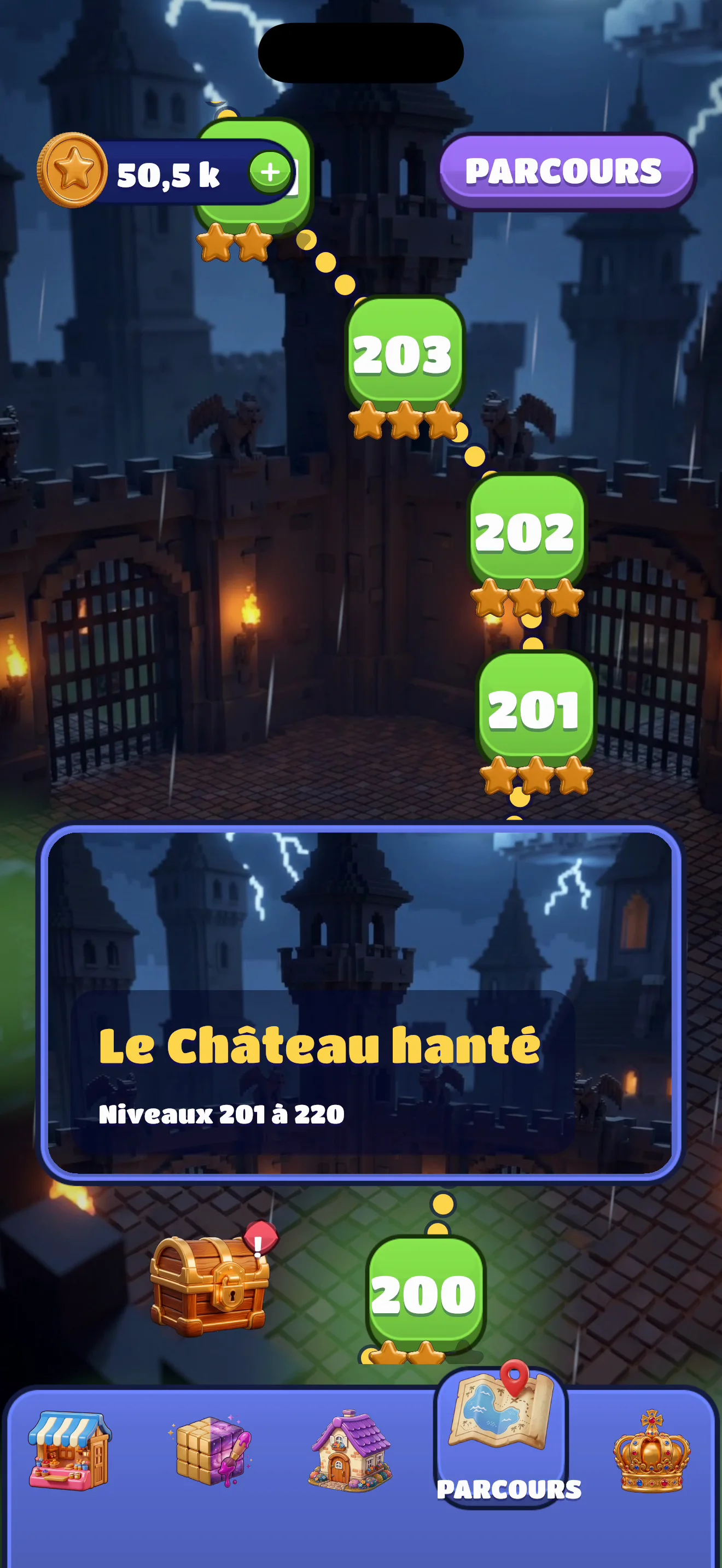Le parcours : le Château hanté, niveaux 201 à 220