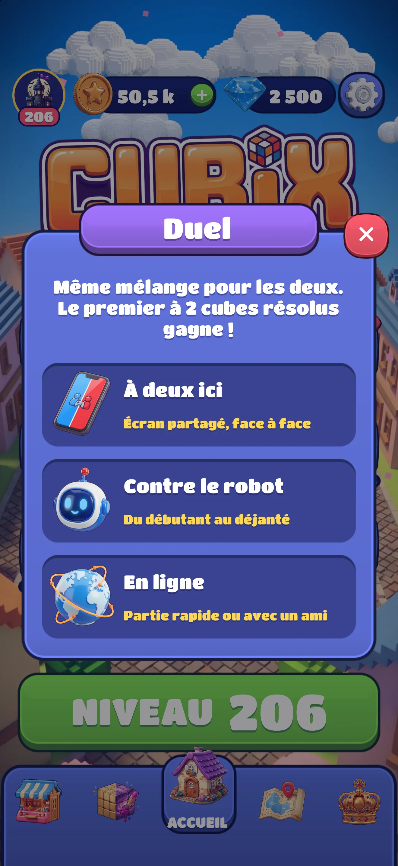 Duel : à deux sur le même téléphone, contre le robot ou en ligne